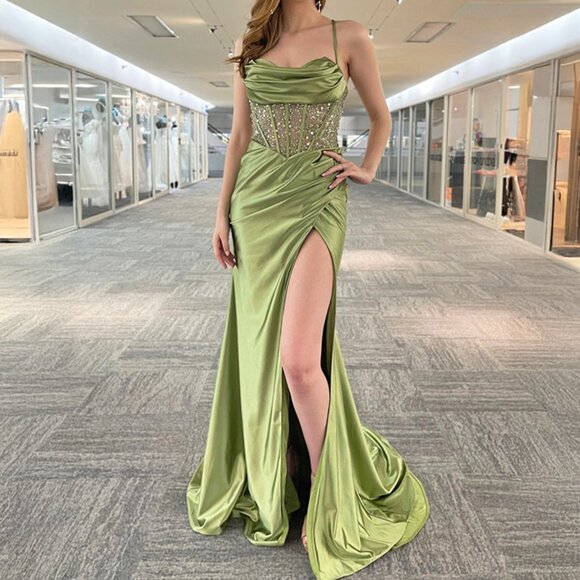 Sage Green Sequined Corset Satin Long Formal Prom Wedding Evening Dress 2 - Picture 2 of 4